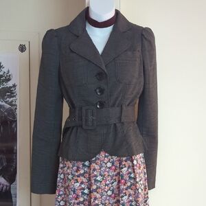 Grey Preppy Button Up Jacket With Belt